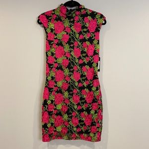 AKIRA Chicago Lace Black Dress w/ Hot Pink Roses